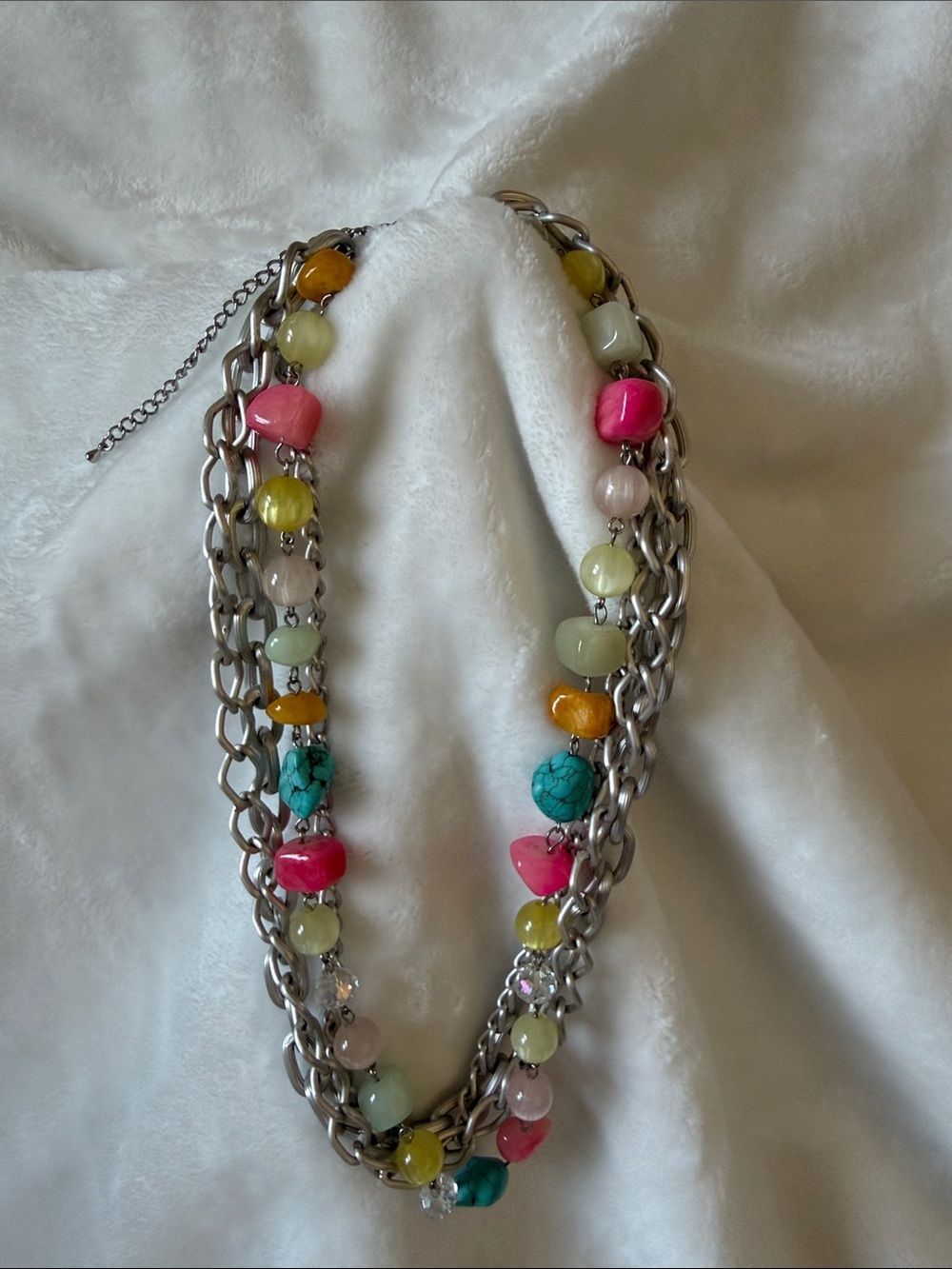 Multicolor Bead & Silver Chain Statement Necklace
